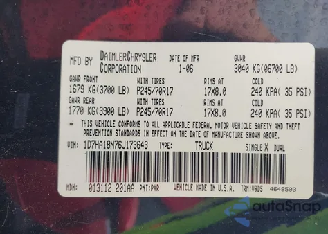 2006 Dodge Ram 1500 Slt z USA, uszkodzony, nr VIN 1D7HA18N76J173643